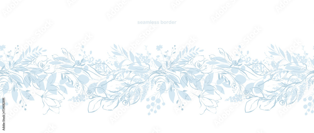 Fototapeta premium Simple outline blue floral clipart. Leaves and flowers sketch illustration. Light blue flowers clipart. Spring summer floral bouquets. wild blue and white herbs, flowers. for invitation, celebration,