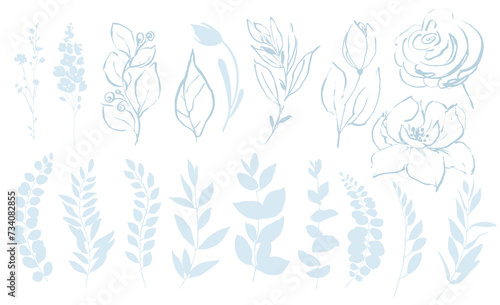 Simple outline blue floral clipart. Leaves and flowers sketch illustration. Light blue flowers clipart. Spring summer floral bouquets. wild blue and white herbs  flowers. for invitation  celebration  