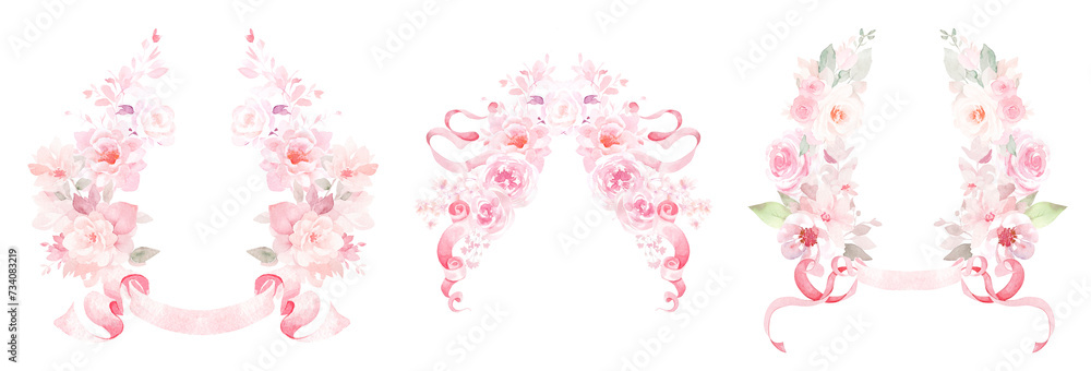 Watercolor pink flowers and leaves with bow and ribbons, soft pink spring summer rose wreaths, princess pink, love wedding poster, invitation design, wedding invitations, baby shower, birthday card, Watercolor pink flowers and leaves with bow and ribbons, soft pink spring summer rose wreaths, princess pink, love wedding poster, invitation design, wedding invitations, baby shower, birthday card,