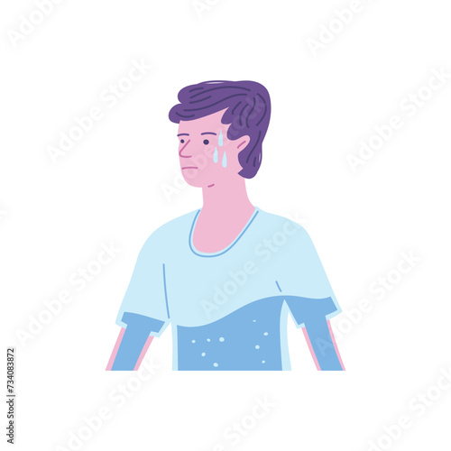 Man feeling of thirsty, sweat body as almost empty water scale flat vector, dehydrated body drink more water health care