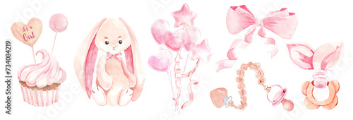 Watercolor hand painted newborn girl pink set. It's a girl, baby girl shower clipart. 1st birthday, Cute bunny, pink balloons, ribbons, for baby shower, textile, nursery decor, children decoration