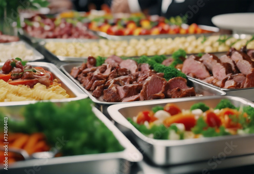 Festeggio Gastronomico- Buffet di Catering con Piatti di Carne e Verdure Colorate e Deliziose photo