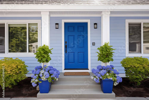 Royal Blue Front Entry Door in a House With Vinyl Siding © Nikki AI