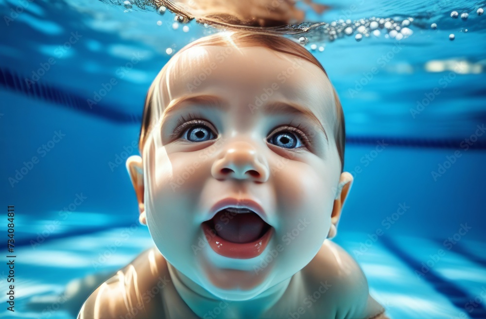 child in swimming pool. Happy baby 6 months old with mom swimming