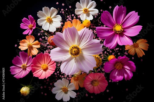 Sunlit cosmos flowers in a circular arrangement, forming a dynamic frame for your expressive message.