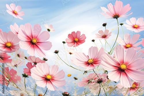Sunlit cosmos flowers in a circular arrangement, forming a dynamic frame for your expressive message. © Kanwal