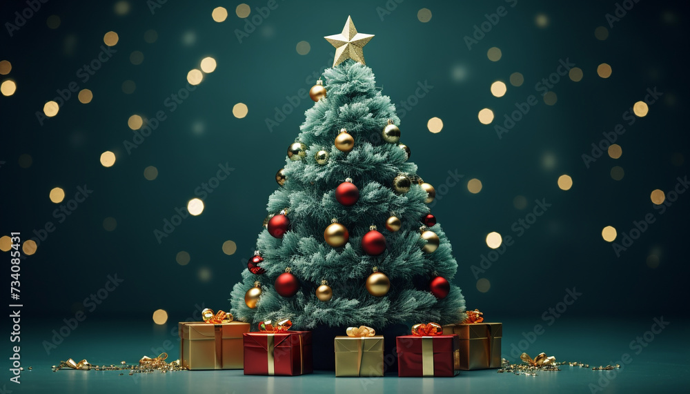 Obraz premium Shiny gold Christmas tree illuminated with glowing snowflake decorations generated by AI
