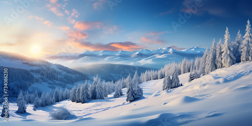 Beautiful winter landscape with snowy fir trees. Sunrise in the mountains. © Graphicsstudio 5