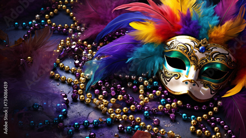 Mardi Gras mask beads and feathers background. © Creative