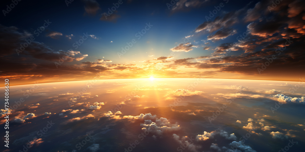 Beautiful aerial view above clouds at sunset. 3d render illustration
