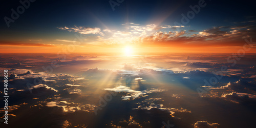 Beautiful aerial view above clouds at sunset. 3d render illustration