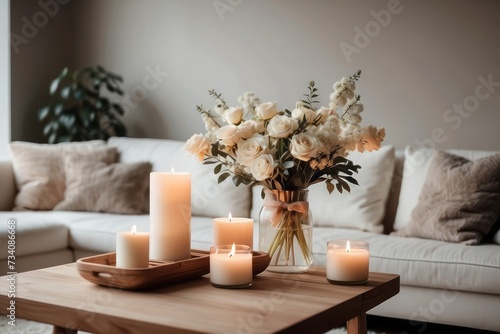 .Simple cozy beige living room interior with white sofa, decorative pillows, wooden table with candles