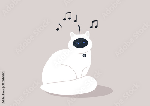 A robotic white cat with a black digital display, gently meowing a melodic tune against a tranquil backdrop