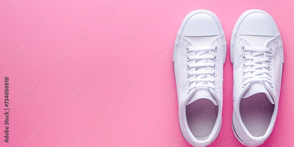 Stylish mock-up white sneakers pair isolated on a pastel pink background. Stylish mock-up white sneakers pair isolated on a pastel pink background.