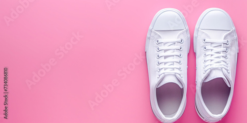 Stylish mock-up white sneakers pair isolated on a pastel pink background.