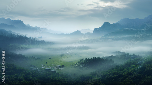 Mystical Mountain Valley in Fog. Generative ai. © Pink Badger