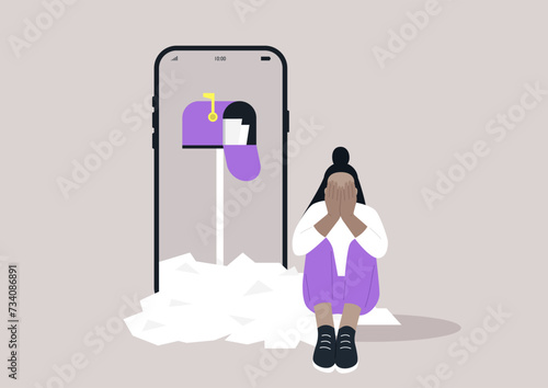 Digital Dilemma, a person overwhelmed by a barrage of notifications, symbolizing the stress of the digital age where information constantly floods our personal spaces