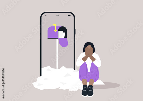 Digital Dilemma, a person overwhelmed by a barrage of notifications, symbolizing the stress of the digital age where information constantly floods our personal spaces