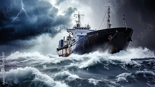 A colossal cargo ship navigates treacherous waters, a testament to the bravery of seafarers.