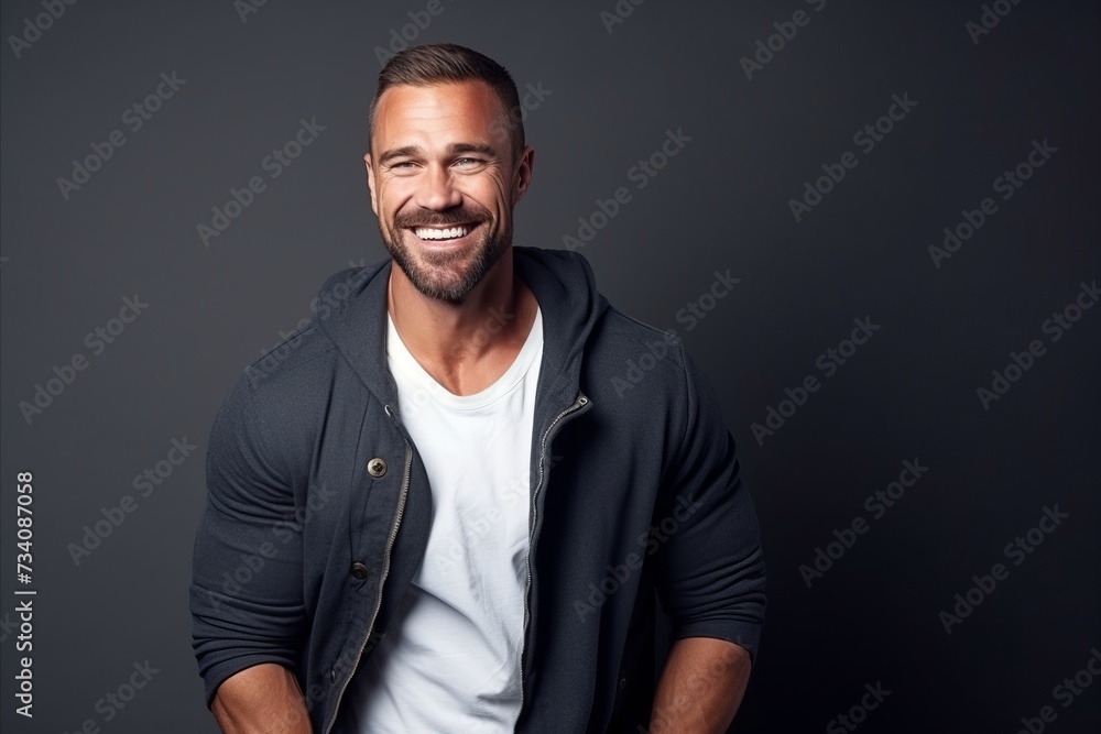 Portrait of a handsome man smiling at camera while standing against grey background.