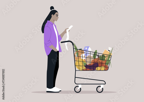 A character stands calmly beside a grocery cart brimming with food, meticulously checking their shopping list against the items selected