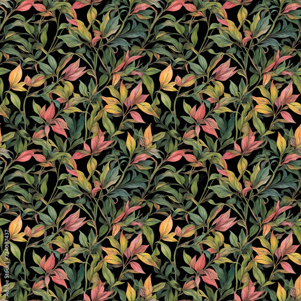 brightly colored detailed stems and leaves on a black background. seamless pattern brightly colored detailed stems and leaves on a black background. seamless pattern