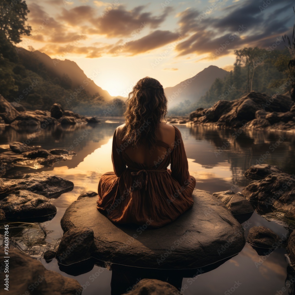 woman is sitting with her back to river among the mountains, physical health, wellness exercise, inner happiness, reducing stress concept. square woman is sitting with her back to river among the mountains, physical health, wellness exercise, inner happiness, reducing stress concept. square