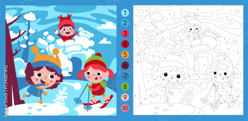 Colour by numbers game. Educational puzzle for children. Cute flat simple scene. Winter and sport. Vector illustration.