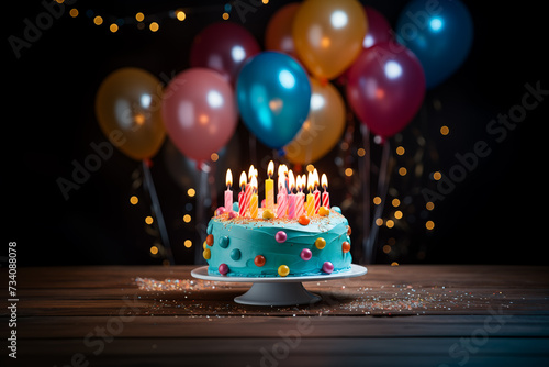 Birthday photo zone. Party celebration background. Balloons and cake. Confetti