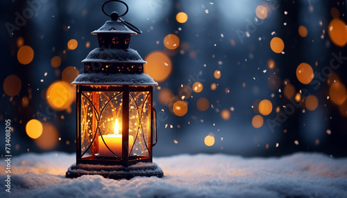 Winter night celebration lanterns glowing, snowflakes falling, candlelight illuminating nature generated by AI