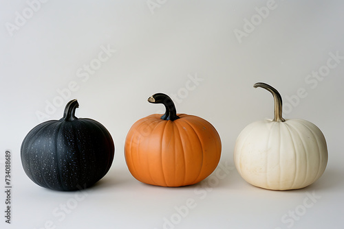 three different colored pumpkins on a white backgroun