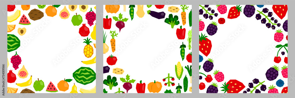 Posters with paper cut fruits, vegetables and berries. Posters with paper cut fruits, vegetables and berries.