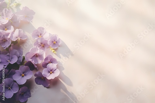 Sunlit top view of delicate violets on a pastel surface, providing an enchanting setting for text overlay.