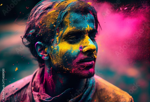 Happy Holi, AI generated Image. Splash of colors on ground scattering. Generative AI
