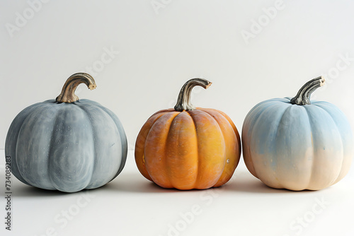 three pumpkins in different colors on a white backgro