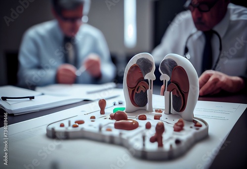Urology and treatment of kidney disease. Doctor analyzing of patient kidneys health using kidney anatomical model during doctor consultation. Generative AI photo