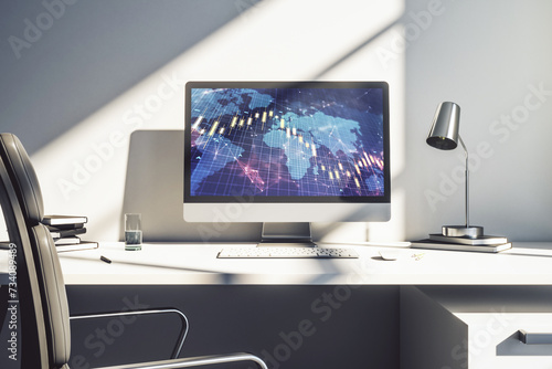 Modern computer screen with abstract creative financial chart with world map, research and analytics concept. 3D Rendering