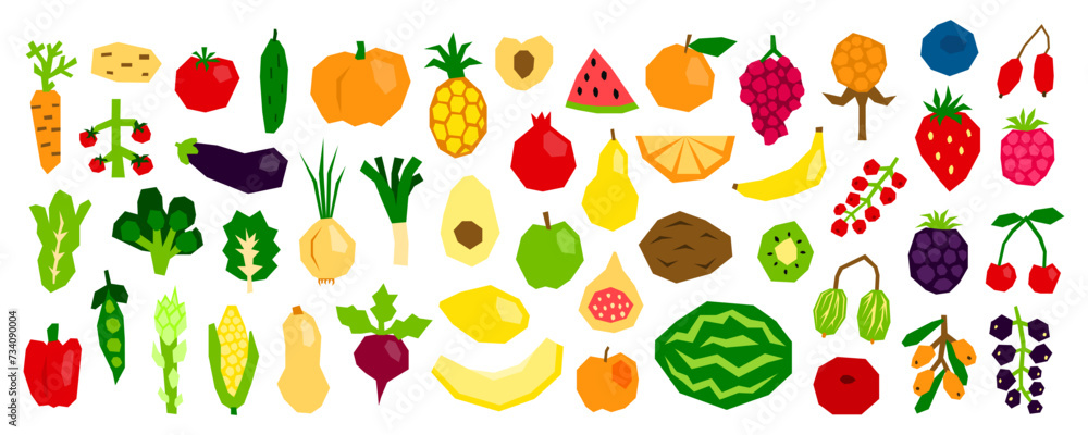 Set of modern paper cut vegetables, fruits and berries. Set of modern paper cut vegetables, fruits and berries.