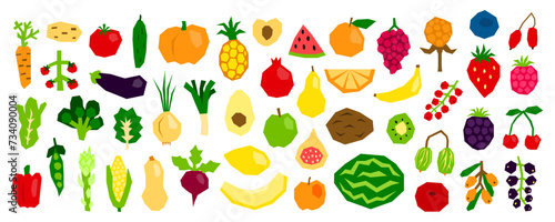 Set of modern paper cut vegetables  fruits and berries.