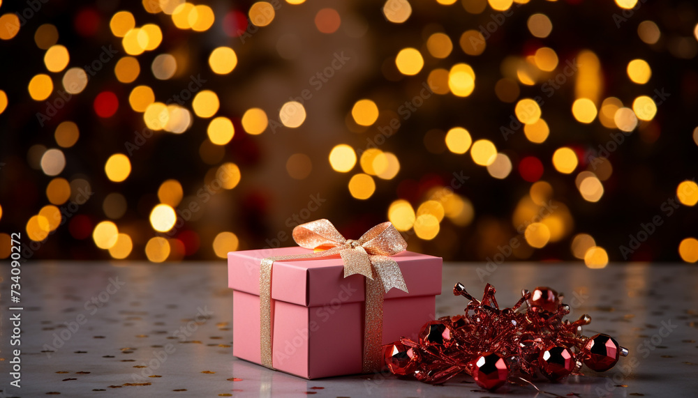 A glowing gift box illuminates the festive celebration generated by AI