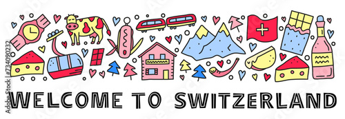 Poster with doodle Switzerland travel icons and text.