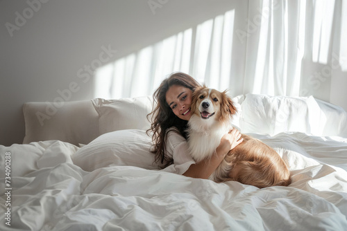 A contented woman shares a peaceful moment with her faithful white dog on a cozy indoor bed, surrounded by a patterned wall and plush pillows
