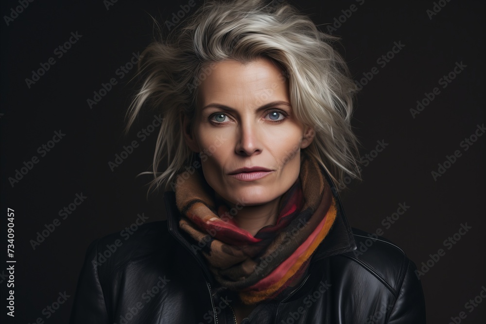 Portrait of a beautiful middle-aged woman in a leather jacket and scarf