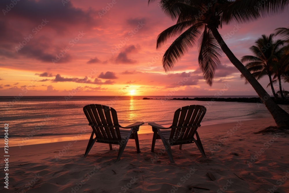 Two chairs placed on a sandy beach by the waters edge.