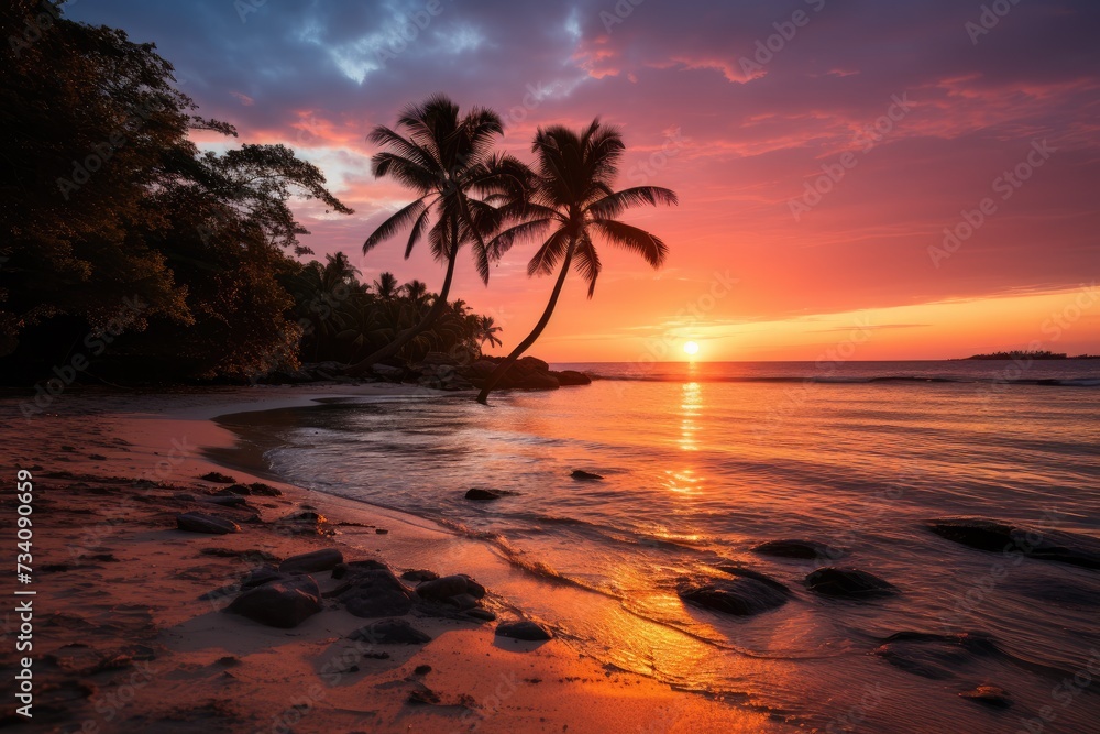 A beautiful sunset on a tropical beach, with palm trees swaying in the breeze and vibrant colors reflecting on the water.