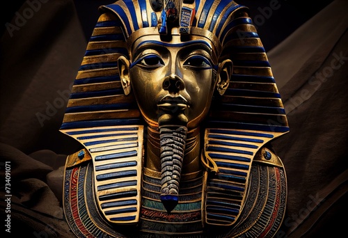Isolated egyptian pharaoh Tutankhamun's funeral mask on black background. Generative AI