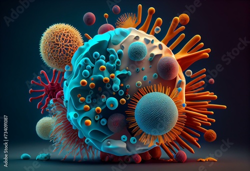 Viruses, microbes and bacteria. Prevention of infectious diseases. 3D illustration on health. Generative AI photo