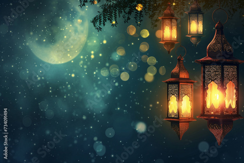 Ramadan Lanterns Hanging on a Branch with Crescent Moon and Bokeh Background   © mohammed