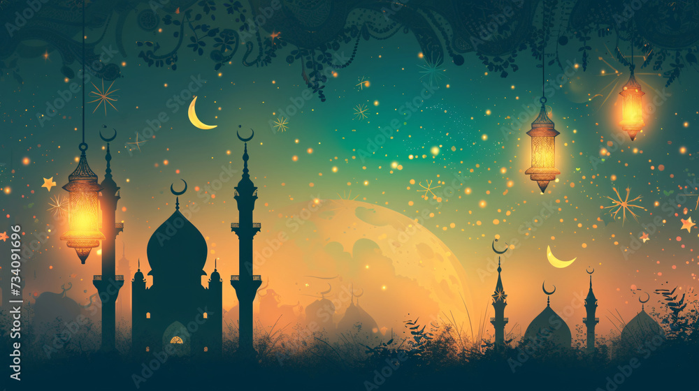 Enchanting Ramadan Night with Lanterns, Crescent Moons, and Mosque Silhouettes




