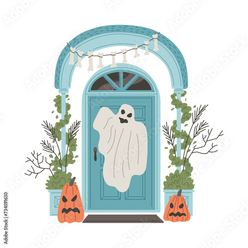 Entrance blue door decorated for Halloween, ghost, carved pumpkin, garland of bones near front door, vector autumn porch